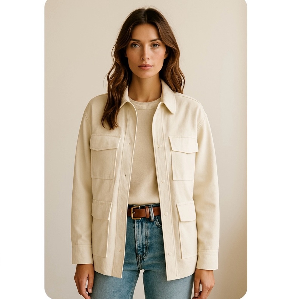 BLOSSOM H COMPANY DENNY COTTON WORK COAT CARGO POCKET UTILITY JACKET CREAM NEW M